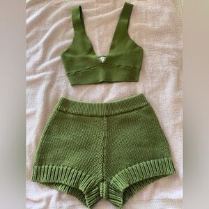 Good American Sage Green Knit Set Crop Top + Shorts